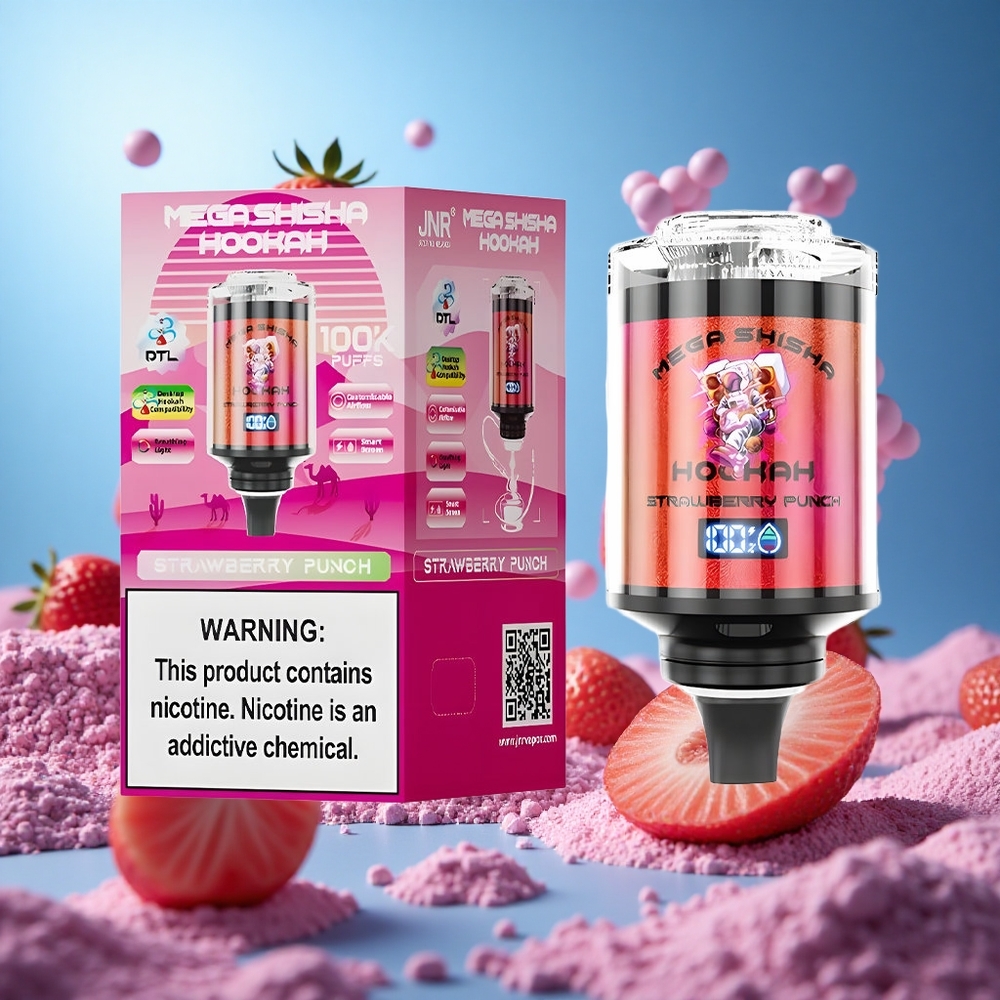 JNR Mega Shisha Hookah 100000 Puffs Jordgubbspunch 60ml e-Vätskevolym 2200mAh Omladdningsbart Batteri partihandel Sverige