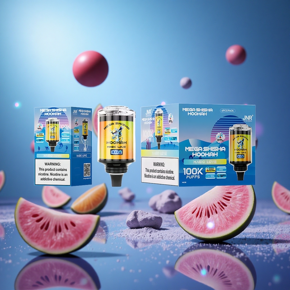 JNR Mega Shisha Hookah 100K Magic Kärlek 60ml E-Vätska Kapacitet 2200mAh Omladdningsbart Batteri partihandel Sverige