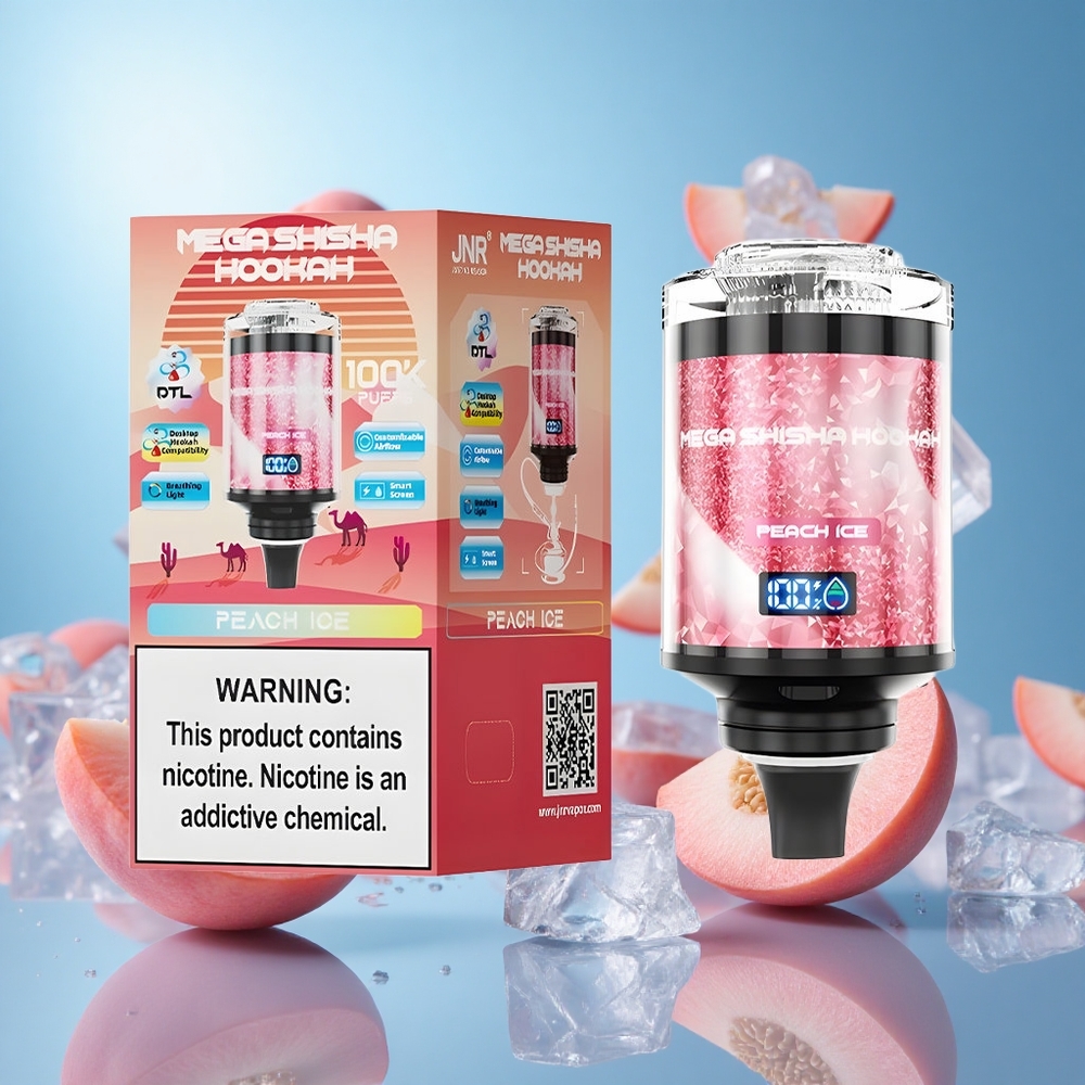 JNR Mega Shisha Hookah 100K Persika Is e-Liquid Kapacitet 60ml Andningsljus partihandel Sverige