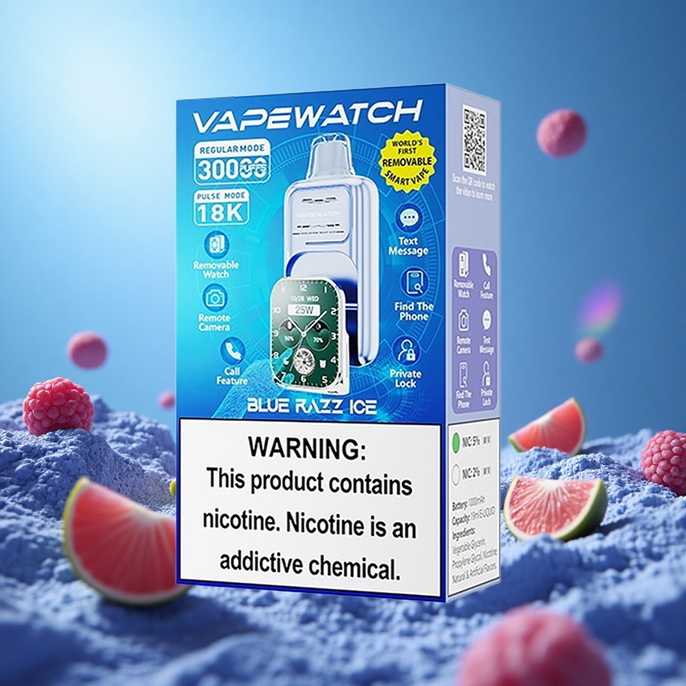 JNR Vape Watch 30000 Puffs Blå Hallon Is med 30 000 Puffs (Vanligt läge) och 19mL e-vätska partihandel Sverige