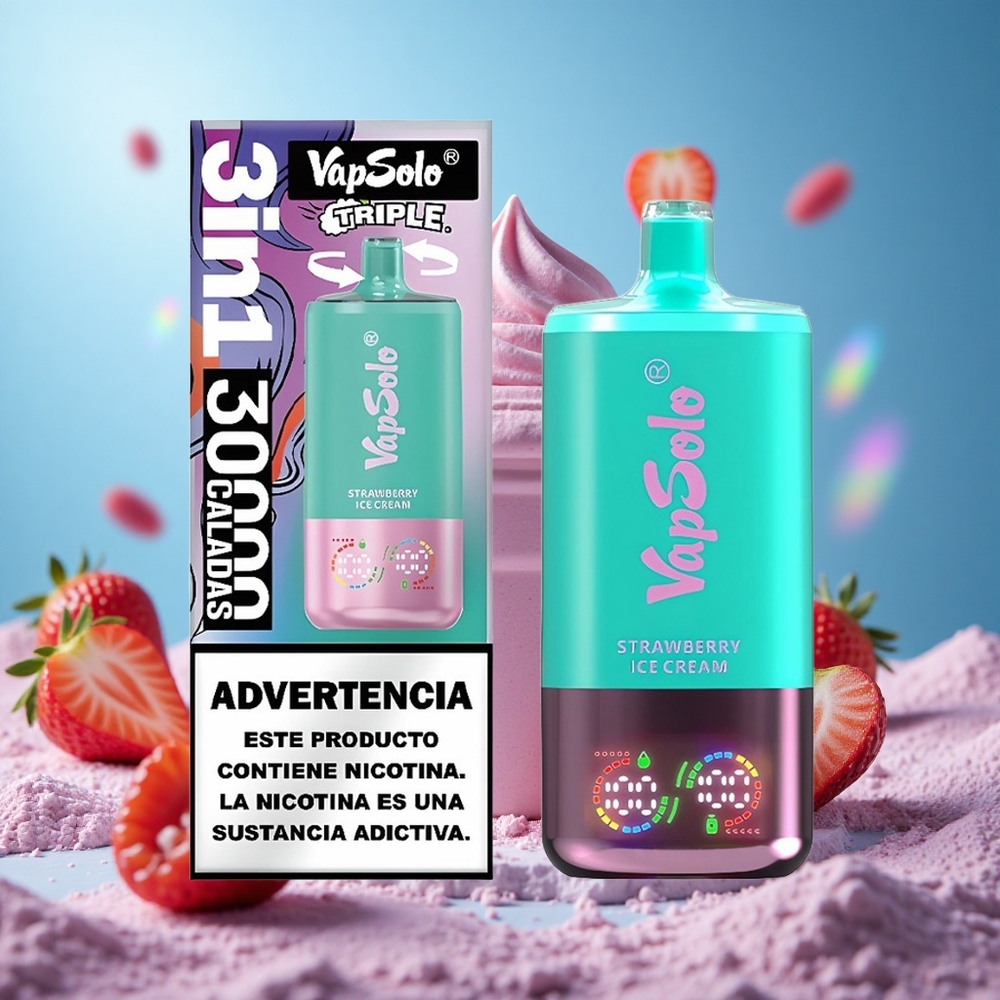 VapSolo Triple 30000 Puffs 40ml Jordgubb Glass 3 Oljetankar Type-C partihandel Sverige