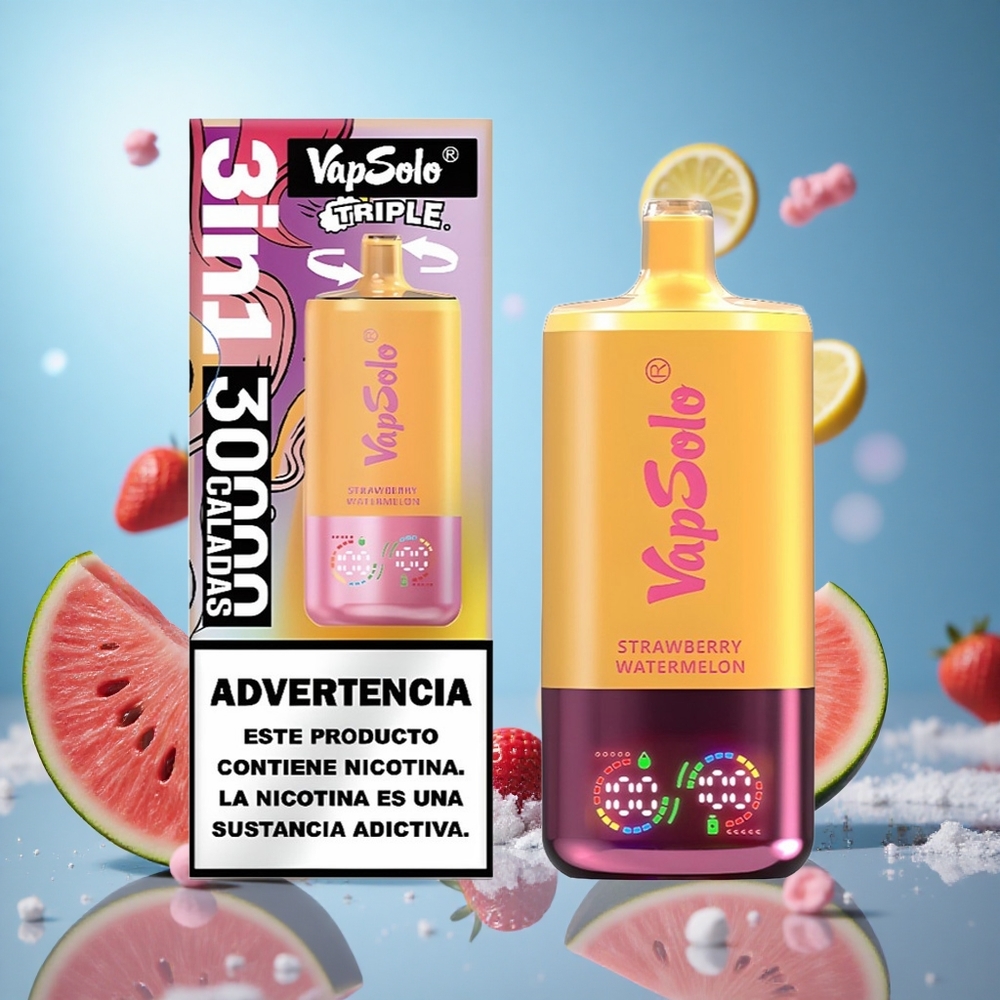 VapSolo Triple 30000 Puffs Jordgubb Vattenmelon & Citron Persika 40ml E-Vätska Type-C partihandel Sverige