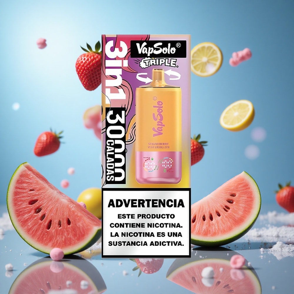 VapSolo Triple 30000 Puffs Jordgubb Vattenmelon & Citron Persika 40ml E-Vätska Type-C partihandel Sverige